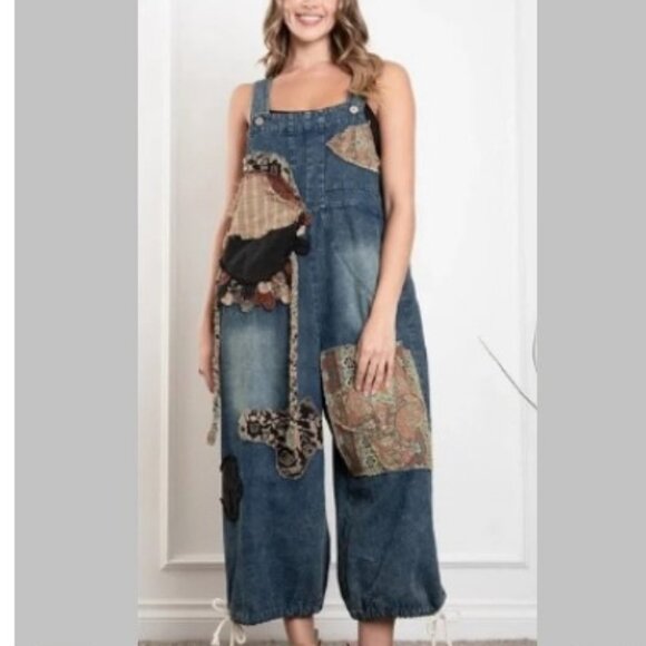 BlueVelvet Denim Capri Overalls with Mixed Patches in Denim XL🆕⌚📦🏃💨🚚 - Picture 13 of 16